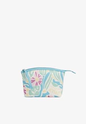 Piccola pochette con zip e bordo blu, con motivi floreali pastello e foglie astratte nei colori rosa, verde, blu e giallo.