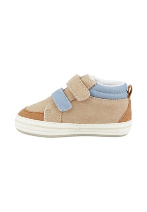 Beige and blue toddler sneaker with two Velcro straps, white sole, and brown accents, viewed from the side on a white background.