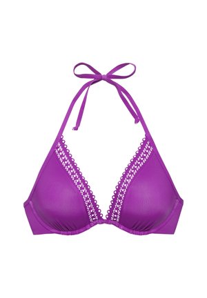 Purpurový horný diel bikín so šnúrkou na krku, s vystuženými košíčkami a ozdobnou čipkou pozdĺž výstrihu, zviazaný na mašľu na krku.