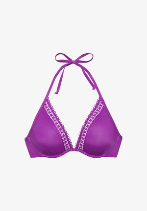 Top bikini viola a fascia con coppe imbottite e bordo decorativo in pizzo lungo lo scollo, legato a fiocco al collo.