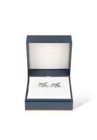 Silver cufflinks in an X design, displayed in a navy-blue box with a white interior and the "DAVIDOFF" logo embossed on the lining.