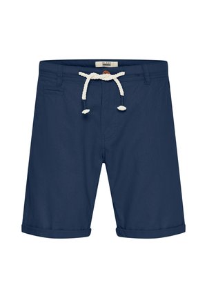 Pantaloni corti blu navy con orlo ripiegato, realizzati in tessuto leggero. Presentano una vita con coulisse in corda bianca, due tasche laterali e un'etichetta con il logo.
