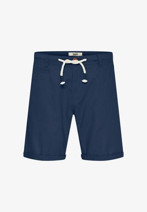 Pantaloni corti blu navy con orlo ripiegato, realizzati in tessuto leggero. Presentano una vita con coulisse in corda bianca, due tasche laterali e un'etichetta con il logo.