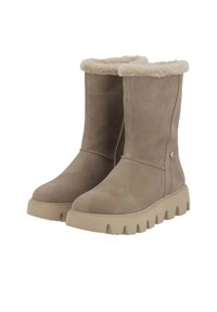 Botines de ante color arena con un forro de piel de textura suave en la parte superior y una suela beige gruesa y estriada. Presenta una cremallera lateral para facilitar su uso.