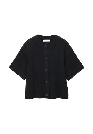 Črni kratki pulover z okroglim izrezom in petimi gumbi spredaj, narejen iz mehke teksturirane tkanine.