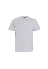 Camiseta de manga corta gris claro, hecha de tela suave, con un bolsillo delantero y un diseño de cuello redondo que incluye un pequeño logotipo en el bolsillo.