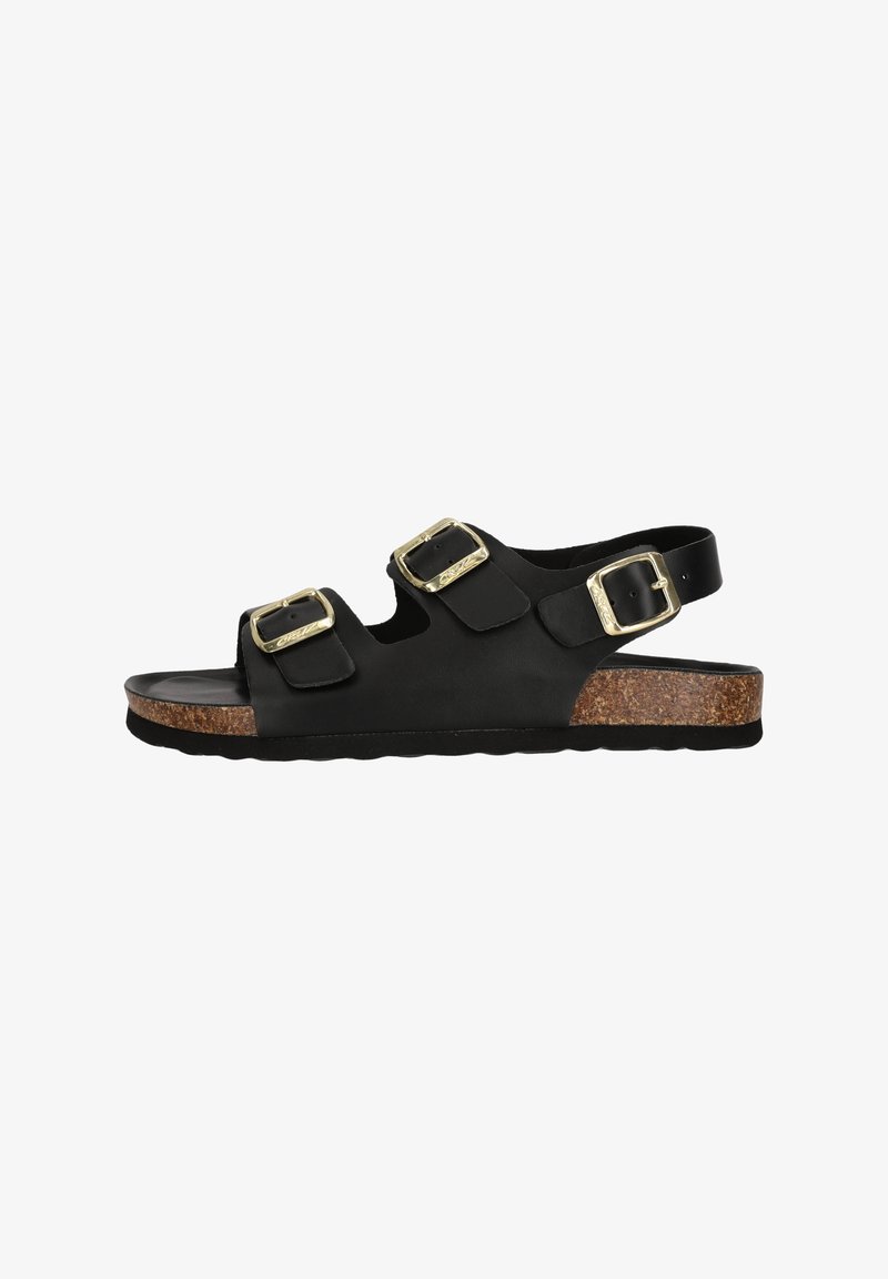 Svarta sandaler med tre justerbara remmar, gyllene spännen och en korkliknande mellansula. Texturerad gummiyttersula för grepp och komfort.