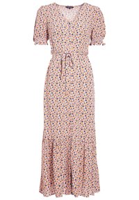 Vestido maxi floral en tejido suave, con escote en V, mangas cortas abullonadas, un lazo en la cintura y una falda de capas con patrones coloridos.