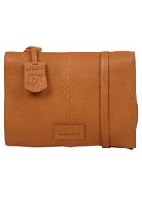 Borsa a tracolla in pelle marrone chiaro con finitura testurizzata, cinturino e etichetta in rilievo con un design di animali; include una toppa con logo.