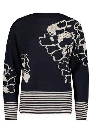 Marineblauer Pullover mit cremefarbenem Blumenmuster. Besitzt einen Rundhalsausschnitt und einen gestreiften Saum. Weicher Stoff und entspannte Passform. Lange Ärmel.