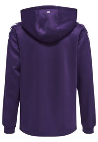 Felpa con cappuccio viola realizzata in tessuto liscio. Caratterizzata da maniche lunghe, un grande cappuccio e accenti bianchi lungo le spalle. Design semplice.