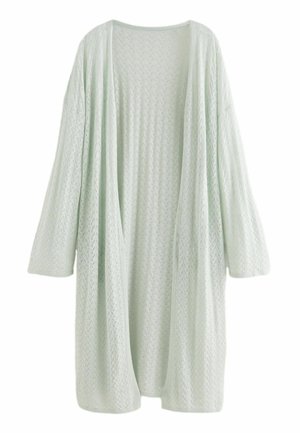 Lys mintgrøn strikket cardigan med åben front, lange ærmer og et struktureret mønster med små chevronformer gennem hele.