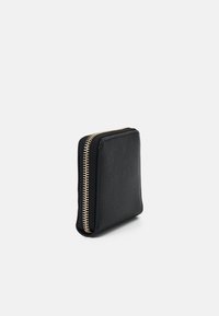 Black zippered wallet featuring a textured surface and gold-tone hardware. Compact rectangular shape with visible stitching and seams.