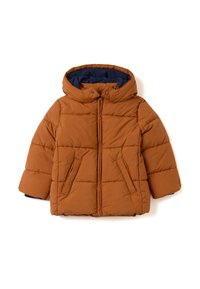 Brown puffer jacket with a hood, featuring a zip front, side pockets, and a blue inner lining. The fabric is quilted for insulation.