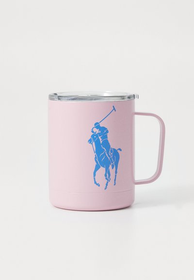 Pink insulated mug with a clear lid, featuring a blue polo player graphic. Has a sturdy side handle and a smooth, matte finish.