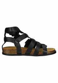 Schwarze Ledersandale mit mehreren breiten Riemen, offenes Fersen-Design, Korkfußbett und gummierter Sohle. Minimalistische Konstruktion mit verstellbarem Merkmal.