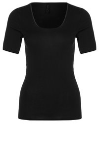 Svart t-shirt med kort ärm och en figurnära design, rundad halsringning, tillverkad av mjukt, stretchigt tyg. Inga synliga mönster eller detaljer.