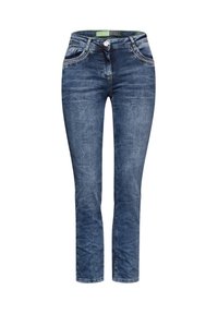 Jean en denim de couleur bleu foncé, doté de cinq poches, d'une fermeture par bouton et de surpiqûres contrastantes le long des bords des poches.