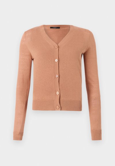 Light brown, fitted cardigan in soft material with a V-neck, long sleeves, and five button closures down the front. Ribbed cuffs and hem.