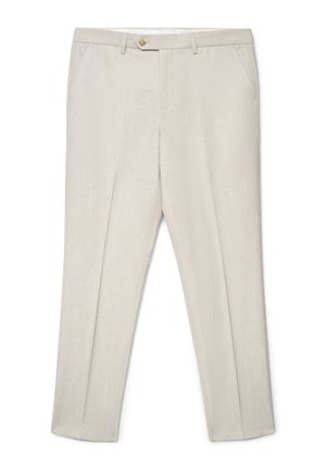 Beige maßgeschneiderte Hose mit Gürtelschlaufen, Vorderentaschen, Knopfverschluss und gebügelten Biesen an jedem Bein.