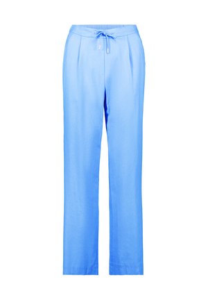 Light blue linen pants with a straight leg, elastic waistband, and drawstring. Features front pleats and soft texture.