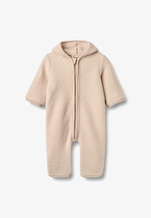 Krems krāsas bērnu kombinezons ar kapuci, īsām piedurknēm un priekšējo rāvējslēdzēju. Mīksta tekstūra un elastīgas aproces. Nav modeļi vai papildus akcenti.