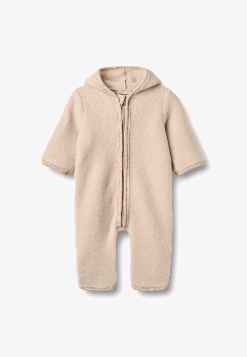 Tuta per neonati in pile color crema, con cappuccio, maniche corte e zip frontale. Texture morbida e polsini elasticizzati. Nessun motivo o accento aggiuntivo.