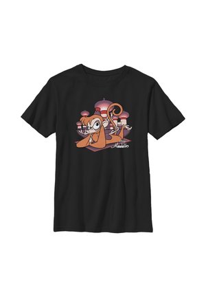 Zwart T-shirt met Abu, de aap uit Aladdin, liggend op een vliegend tapijt met paleisdomeinen op de achtergrond en het woord Aladdin eronder.