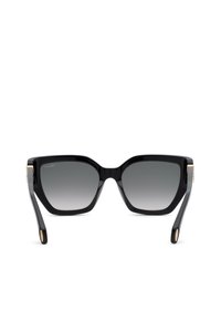 Lunettes de soleil carrées noires surdimensionnées avec verres dégradés foncés et détails dorés sur les branches, vues de face.