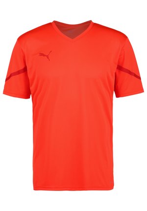 Fel oranje sportshirt met korte mouwen, V-hals, Puma-logo op de rechterborst en strepen op de mouwen.