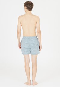 Blau-weiße gestreifte Badeshorts aus leichtem Material, mit elastischem Bund und Gesäßtasche, von hinten gezeigt.