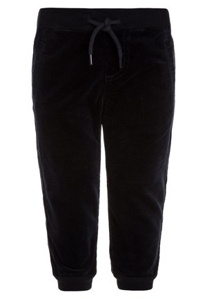Czarne spodnie sztruksowe dla malucha z elastycznym paskiem w talii, sznurkiem do wiązania, przednimi kieszeniami i prążkowanymi ściągaczami przy kostkach.