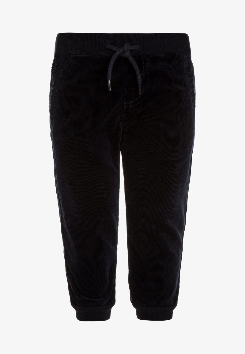 Pantalon en velours côtelé noir pour tout-petit avec taille élastique, lien à nouer, poches avant et poignets côtelés aux chevilles.