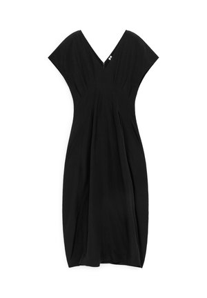 Black knee-length dress with V-neck, short wide sleeves, and pleated skirt on a white background.