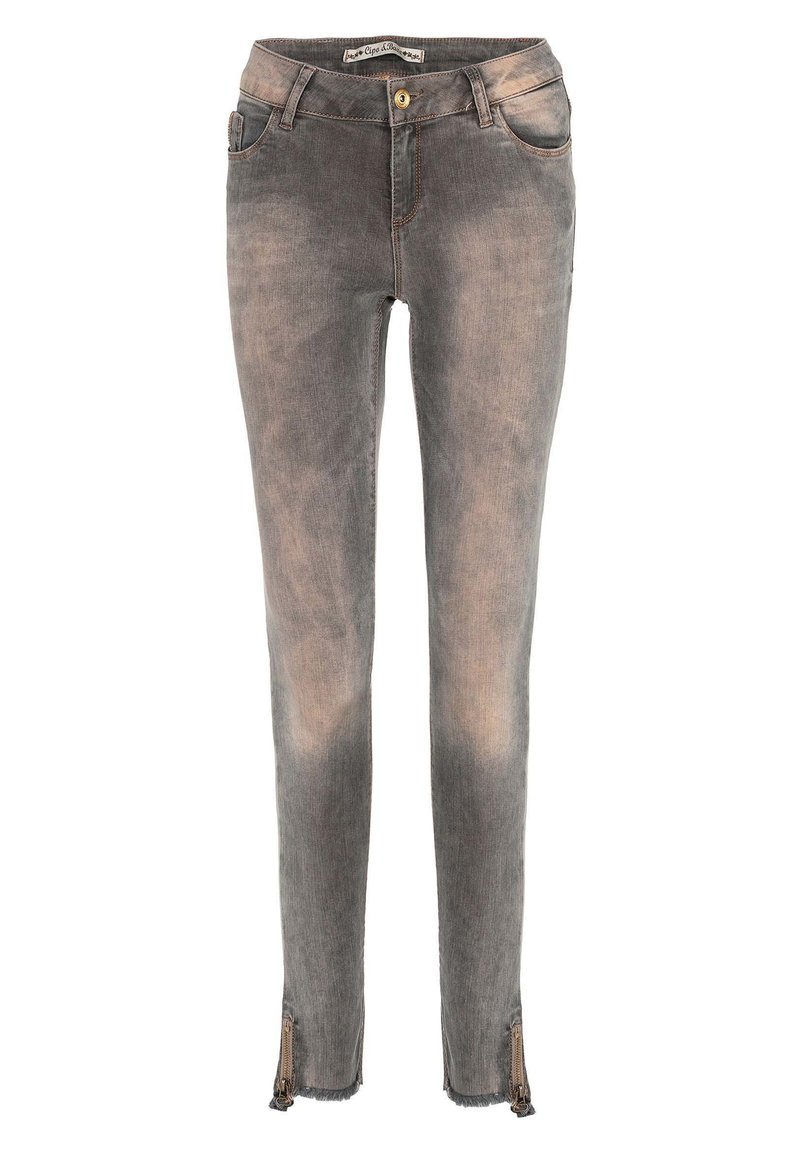 Dunner grijze denim jeans met vervaagde vlekken, ritsaccenten bij de enkels en een rafelige zoom. Vijf-pocket ontwerp met knoopsluiting.