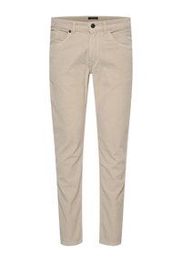 Beige katoenen chinos met een slim fit, voorzien van voorzakken, een ritssluiting en een enkele knoopsluiting. Glad oppervlak met minimale stiksels.
