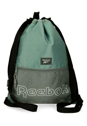 Mochila con cordón de Reebok en verde claro y gris, con correas negras y bolsillo delantero con cremallera que muestra el logo de Reebok.