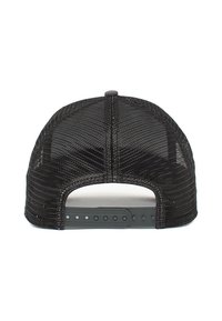 Gorra trucker de malla negra con visera negra sólida y cierre ajustable de botón a presión. Tejido texturizado con una forma estructurada.