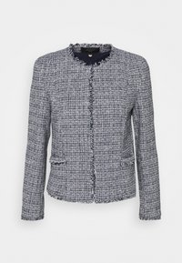 Granatowo-biała kurtka z tweedu z postrzępionym brzegiem, okrągłym dekoltem i dwoma przednimi kieszeniami. Teksturowana tkanina i dopasowany krój.