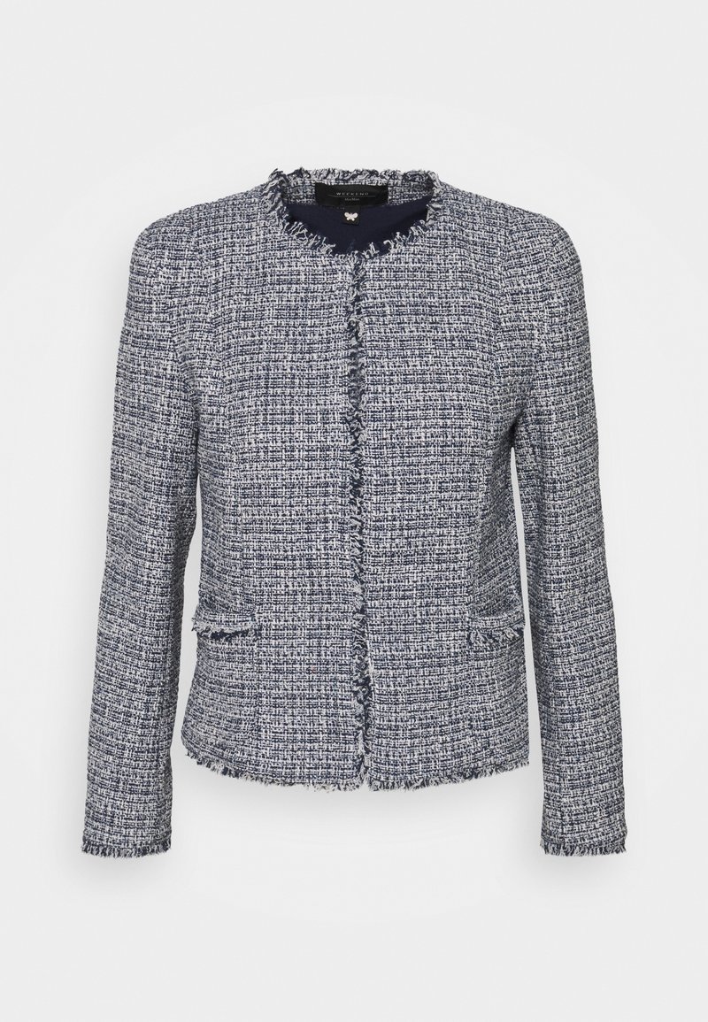 Granatowo-biała kurtka z tweedu z postrzępionym brzegiem, okrągłym dekoltem i dwoma przednimi kieszeniami. Teksturowana tkanina i dopasowany krój.