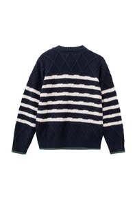 Maglione navy con motivo a diamante testurizzato e strisce orizzontali bianche. Collo e orlo a coste in verde. Tessuto lavorato a maglia.