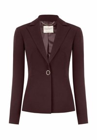 Blazer bordeaux con maniche lunghe, design aderente, colletto a revers, chiusura con un solo bottone e tasche laterali discrete. Tessuto liscio e interno foderato.