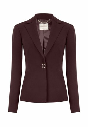 Blazer bordeaux con maniche lunghe, design aderente, colletto a revers, chiusura con un solo bottone e tasche laterali discrete. Tessuto liscio e interno foderato.