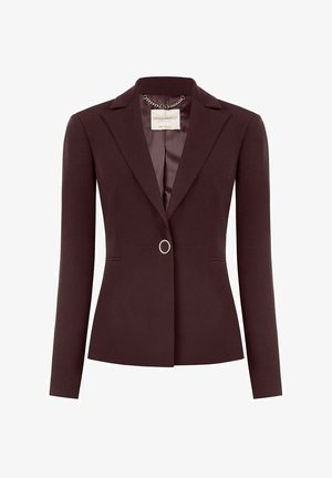 Blazer bordeaux con maniche lunghe, design aderente, colletto a revers, chiusura con un solo bottone e tasche laterali discrete. Tessuto liscio e interno foderato.