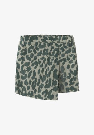 Krátká zelená sukně s tmavě zeleným leopardím potiskem a asymetrickým předním překrytím.