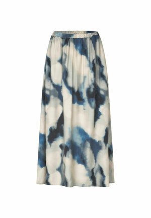 Maxinederdel i letvægtsstof med elastik i taljen; har et blåt og hvidt abstrakt print med bløde, flydende mønstre.