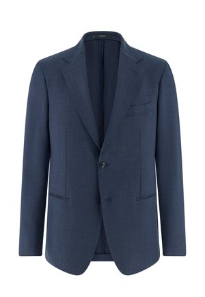 Marineblauer, einreihiger Herrenblazer mit halbem Revers, zwei vorderen Knöpfen, drei Vordertaschen und langen Ärmeln.