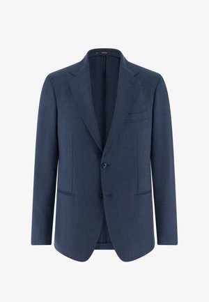 Marineblauer, einreihiger Herrenblazer mit halbem Revers, zwei vorderen Knöpfen, drei Vordertaschen und langen Ärmeln.