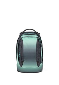 Sac à dos vert menthe et noir avec plusieurs compartiments zippés et une poignée supérieure, posé debout sur un fond blanc.