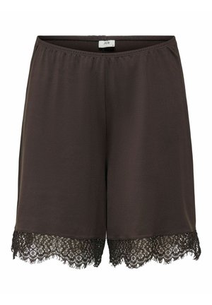 Mørkebrune knælange shorts med elastisk linning og blomsterblondekant nederst, glat stof, label synlig indeni.
